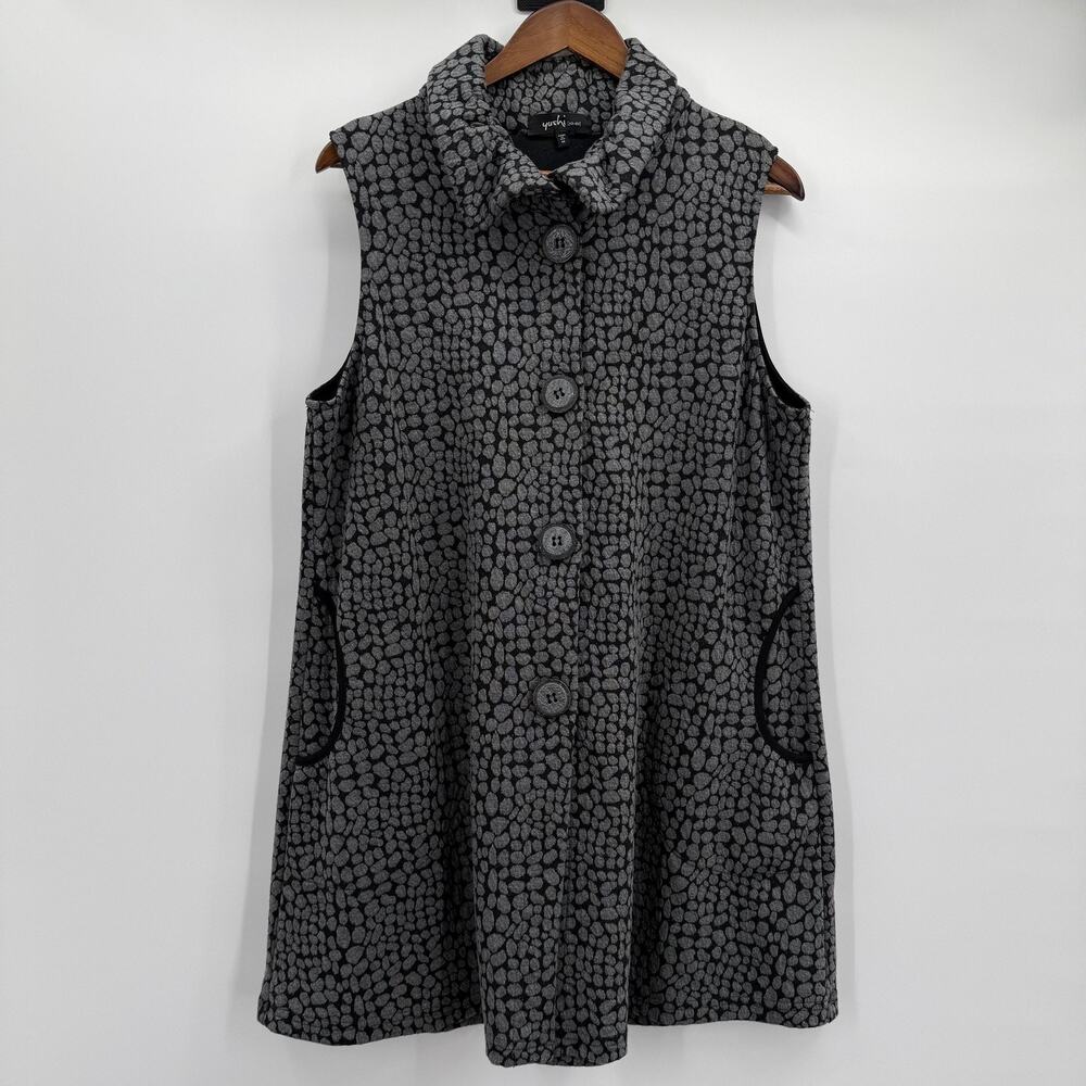 Yushi Vest Womens Medium Gray Geometric Button Front Collared Knit Made‎ USA